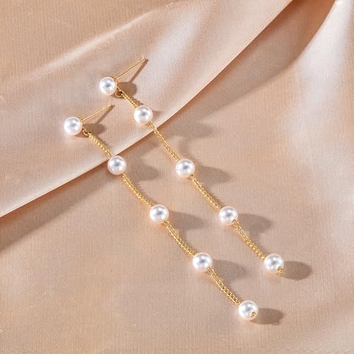 Moodear Dainty Pearl Dangle Earrings for Women - Trendy 14K Gold Plated Pearl Hypoallergenic Drop Earring Wedding Jewelry Gift - style: 5 pearl drop earrings