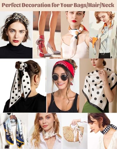 kcctoo 59" Mulberry Silk Like Head Scarf Women's Fashion Square Neck Satin Scarfs for Bag Hair Scarves Gift 59 * 5.9” - color: I01 Green Squares 59" X 5.9"