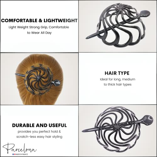 Parcelona French Swirls Large 3.5" Cellulose Acetate Bun Cover with Stick Ponytail Chignon Durable Fashion Women Hair Accessories Non Slip Hair Clip for Girls, Made in France(Black)