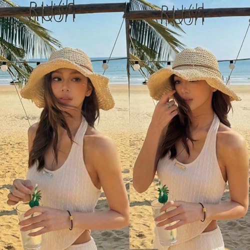 Women Straw Sun Hat Summer Beach Hats Foldable Floppy Cap Wide Brim Bucket Hat Solid Handmade Sun Protection Caps - color: Khakia