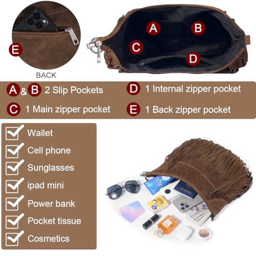 Sunwel Fashion Women Fringe Hobo Bag Western Purse Shoulder Bag Vegan Suede Tassel Hippie Crossbody Bag - color: Coffee