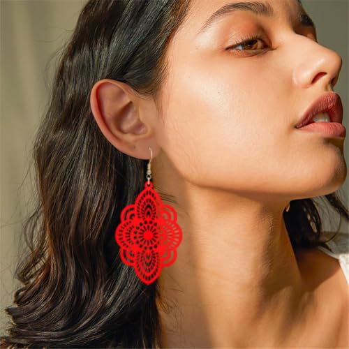 Bohemian Wood Earrings Natural Retro Lightweight Hollow Pattern Geometric Wooden Dangle Drop Earrings Statement Vintage Jewelry - color: Red