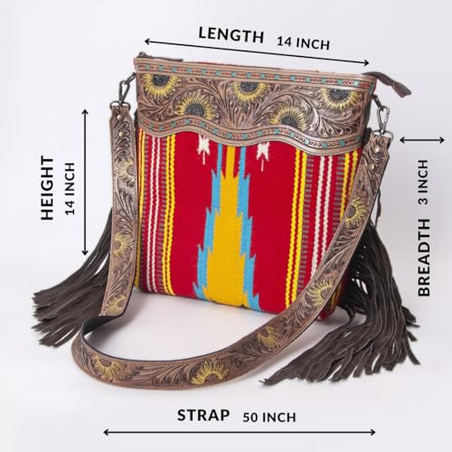 Merbaa Women Handtooled woolen saddle blanket hand woven Crossbody Bag - color: Red
