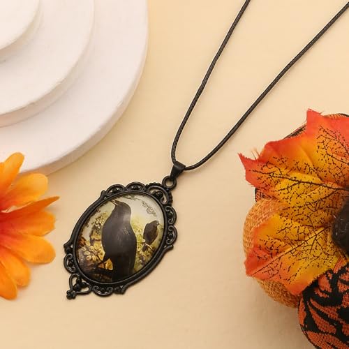 Halloween Gothic Witch Necklaces Cross Glass Pendant Necklace for Women Punk Vintage Black Dark Oval Cameo Necklace Witch Emo Necklaces Halloween Jewelry Witch Accessories 2025 - style: Crow