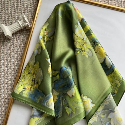 FONYVE 100% Mulberry Silk Scarfs for Women-Lightweight Square Satin Head Scarf-Small Silk Hair Scarf for Sleeping 21"x21" - color: 14 Green Flowers