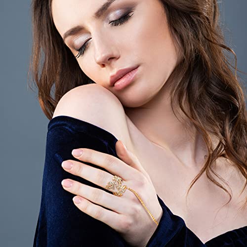 Fumete 6 pcs Finger Ring Bracelet Linked Rhinestone Hand Harness Chain Slave Bracelet with Ring Everyday Jewelry for Women - color: Gold, style: Classic