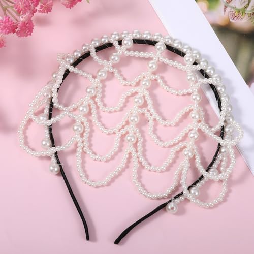 1920s Pearl Headpiece White Pearl Cap Headpiece Roaring 20s Headbands for Women Pearls Beaded Cap Head Piece Head Chain Hair Accessories, for Wedding Bridal Cosplay Halloween Art Decor Party