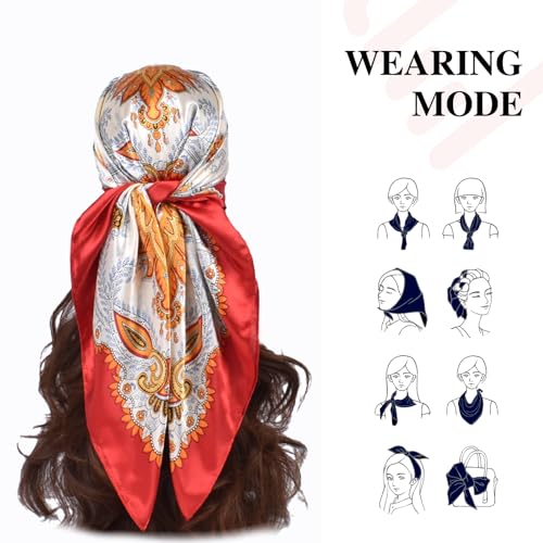 35 x 35 Women's Fashion Pattern Large Square Silk Like Hair Scarf Head Sleeping Wrap Satin Neck Bandana for Gift… - color: Garland Cashew Nuts-red
