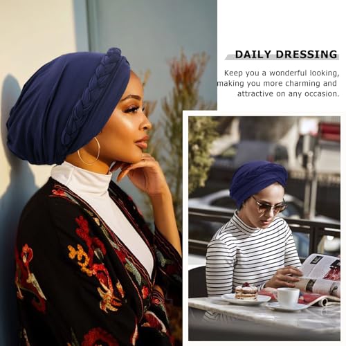 DRESHOW Turban Pre-Tied Twisted Hat Thread African Head Wraps for Black Women Chemo Cancer Cap Braid Hair Cover - color: 1 Pack Twisted Braid Hat: Navy Blue