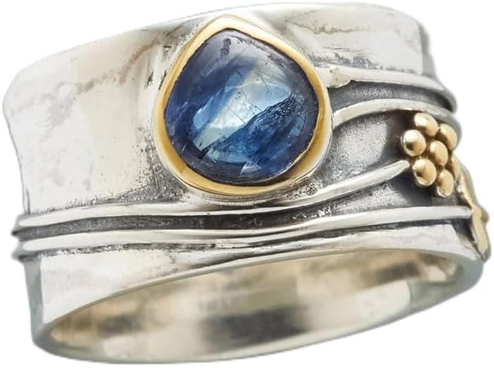 Mnyixsi Vintage Silver Blue Moonstone Ring 925 Sterling Silver Retro Princess Waterdrop Cut Sapphire Band Diamond Gemstone Wedding Engagement Ring Gemstone Boho Ring Size 8 - size: Size 8
