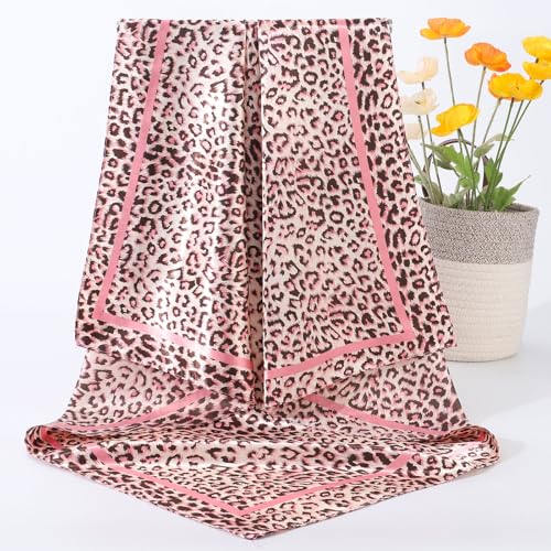 AWAYTR Satin Silk Scarf - Large Hair Bandana, Sleeping Wrap for Women - color: Leopard Print (Pink)