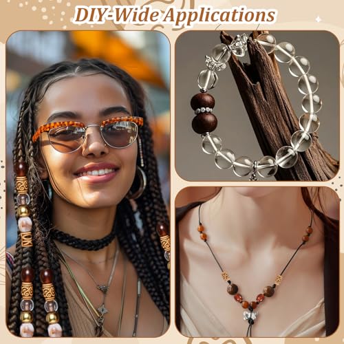 60 Pcs Wood Hair Beads for Braids, Exquisite Brown Beads for Hair, Beautiful Round Hairs Jewelry Accessories for Women Girl Men Cuffs DIY Bracelets Necklace Braids