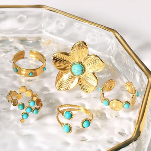 Bohemian Turquoise Ring for Women Chunky Gold Flower Statement Rings Vintage Round Turquoises Stackable Knuckle Ring Set for Women Western Jewelry - style: Turquoise flower ring-A