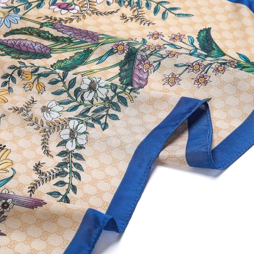 Stlvoll 27.5" Silk Neck Scarf of Women's Fashion Head Scarf Square Neck Satin Scarfs for Bag Hair Scarves Gift - color: Flower/Khaki
