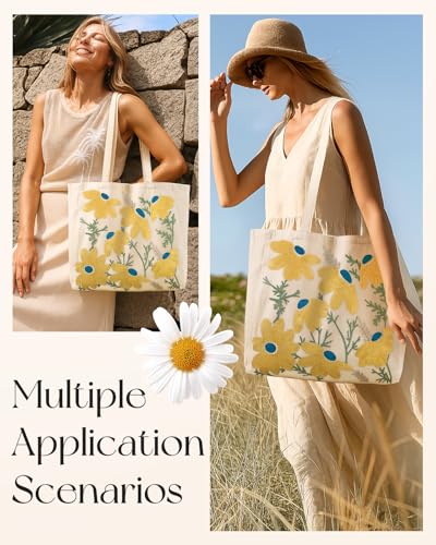 Miss Adola Embroidery Tote Bag with Pocket & Buckle - Reusable Canvas Tote for Women Cute Aesthetic Work Shopping Grocery Bag - style: Daisy