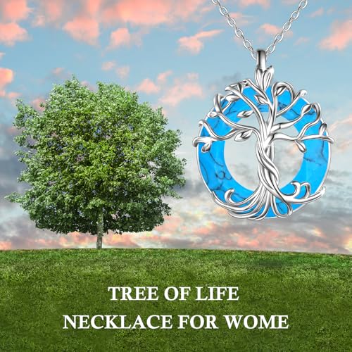 TOUPOP Tree of Life Necklace Gifts for Women 925 Sterling Silver Family Tree Pendant with Crystal Birthday Irish Jewelry Gifts for Women Her Wife Mom - color: 04-White Gold-Turquoise