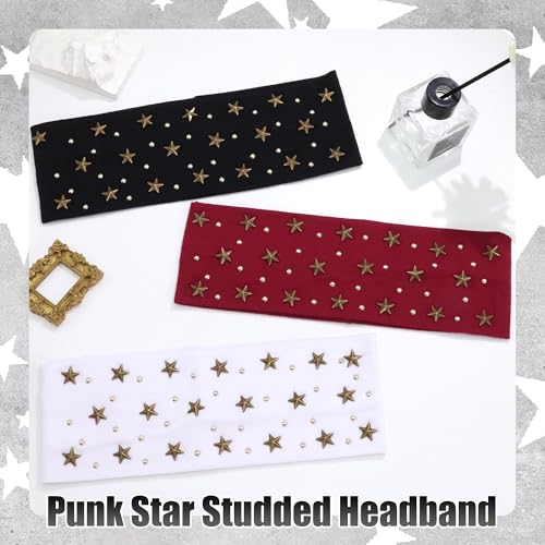 3Pcs Short Headbands for Women Punk Star Studded Hair Bands Y2K Non-Slip Elastic Hear Wraps Rhinestone Headbands Sport Workout Rock Hair Scarf Accessories for Girls - color: Black+White+Red+Star