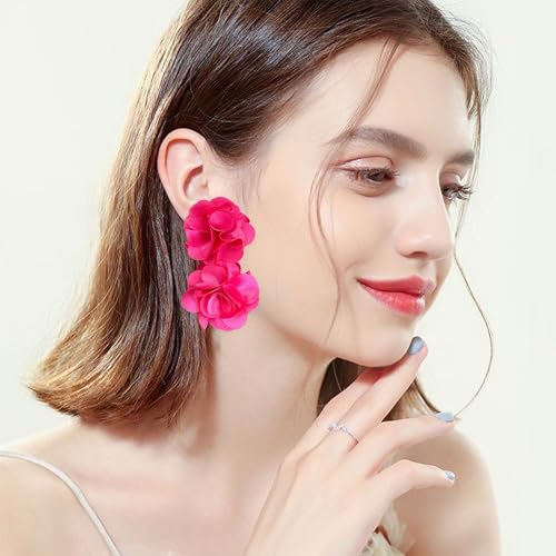 Oversized Fabric Flower Earrings for Women Statement Boho Chic Dangle Drop Earrings for Parties Weddings or Everyday Wear - color: Hot Pink