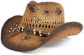 Straw Cowboy Hat for Women and Men with Shapeable Wide Brim Sun Beach Western Cowgirl Hat - color: Khaki-paint