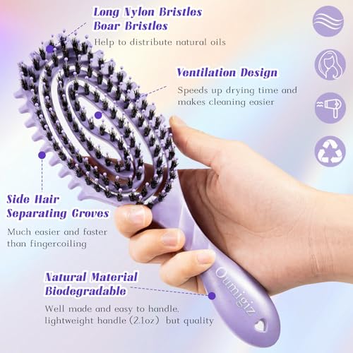 Curl Defining Hair Brush for Curly Hair Fast Blow Drying Styling Hairbrush | Boar Bristle Hair Brush Gentle Detangling for Women Girls Long Wavy Thin Fine Hair Wet Dry Use, Smoothing Hair No Tangle - color: Purple