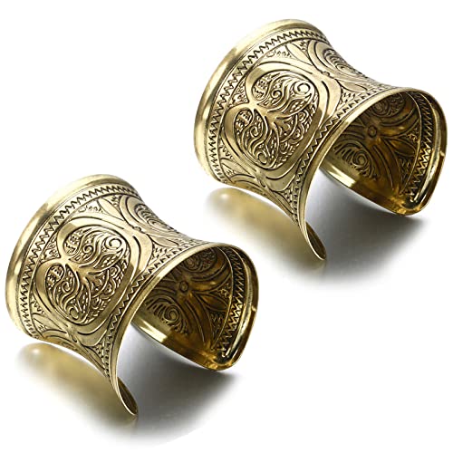SONNYX 2 PCS Cuff Bracelets for Women Vintage Ethnic Wide Open Chunky Gold Silver Wrist Cuff Warp Bracelets for Cosplay or Belly Dance - color: GOLD 2