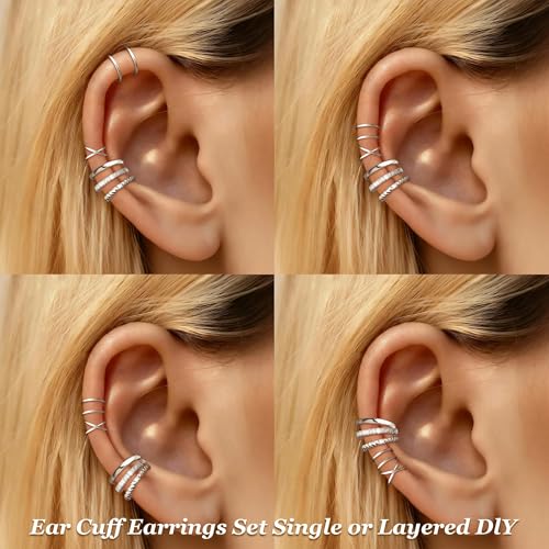 Ear Cuffs Non-Piercing for Women Dainty 14K Gold Plated Clip On Cartilage Earrings Hypoallergenic Huggie Hoop Cuffs Fake Earings for Non Pierced Ears - color: D:silver ear cuff