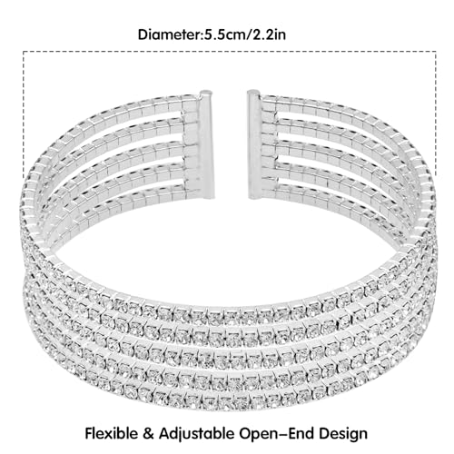 Women's Multi-Layer Rhinestone Cuff Bracelet Sparkling Crystal Tennis Bangle for Bridal Wedding Party - color: 1182 Silver