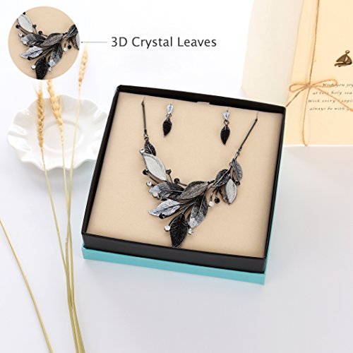 AMYJANE Vintage Statement Jewelry Set - Spring Leaf Flower Floral Plant Necklace Earring Set Crystal Rhinestone Fashion Costume Jewelry for Women Prom Party Unique Gift - style: Grey Leaves Jewelry Set