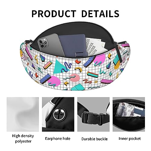 Bright 80s 90s Abstract Shapes Memphis Style Fashion Casual Fanny Pack Waist Bag Men Women Adjustable Belt Waist Bag For Travel Hiking Cycling Running Festival Carnival - color: Black20