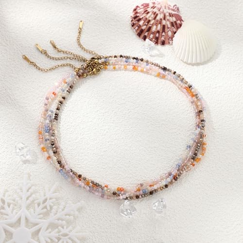 JSJOY Tiny Crystal Beaded Choker Necklaces for Women Colorful Beaded Necklace Dainty Choker Necklaces Simple Boho Jewelry Gifts for Teens Handmade Shining Bead Necklaces Gifts - color: Dark Pink