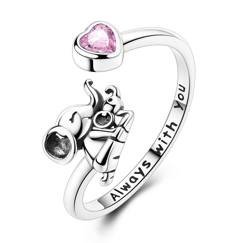 PARCOM Adjustable Women Stackable Ring, 925 Sterling Silver Open Rings - Trendy Eternity Cubic Zirconia Stackable Band Engagement Promise Ring for Her, Hypoallergenic Non Tarnish Nature Bird Floral Thumb Rings - color: Enchanted Elephant Heart