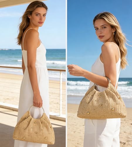 KingTo Straw Beach Bag for Women, Boho Raffia Handbag with Ring Handle | Hand-woven straw texture, gold studs, metal ring handle and magnetic closure lift beach, resort and summer looks