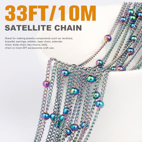 33 Feet Multicolor Satellite Bead Chains, 2mm 304 Stainless Steel Rainbow Ball Beaded Twisted Curb Chain Spool Bulk for Jewelry Making DIY Craft - color: Colorful Big Beads Satellite Curb Chain