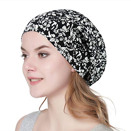Wide Band Sleep Night Cap Baggy Beanie Slouch Skull Cap Cancer Hat - color: Cotton Bloom