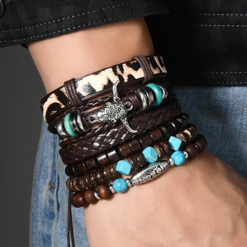 Turquoise Leather Western Bracelets for Women Men Bohemian Retro Turquoise Wrap Bracelets Exquisite Layered Stacked Cowboy Cowgirl Bracelet Western Country Concert Outfits Leather Cuff Bracelet for Women - style: Bull Head,Turquoise