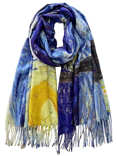 VENVSBEE Reversible Scarf Soft Large Shawl Wrap Blanket Double Sided Art Print Warm Pashmina Stoles Klimt Van Gogh Gifts - color: Art 21