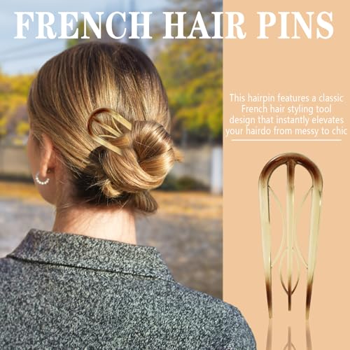 6PCS French Hair Pins for Women, Tortoise Shell French Pins Hair, Large Hair Styling Pins for Thin Thick Hair, 3 Internal Teeth Hair Sticks, Hair Pin for Buns, French Twist Pin - color: Amber