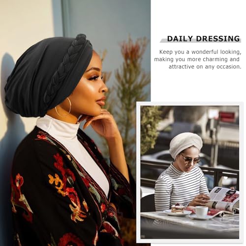 African Women Turban Caps Beanie Pre-Tied Twisted Braids Headwraps for Women Head Scarf Chemo Cancer Headwear Cap - color: 3 Pack Twisted Braid: Black/White/Dark Grey