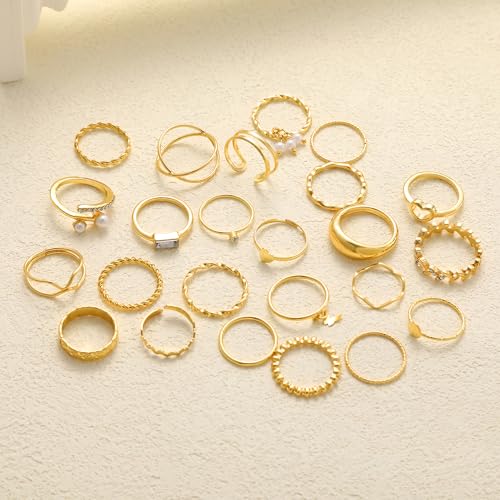 FAXHION 68 Pcs Gold Jewelry Set for Women with 7 Necklace, 17 Bracelet, 5 Hoop Earrings, 15 Stud Earrings, 24 Knuckle Rings for Women Jewelry Set for Women Gift - color: gold jewelry pack