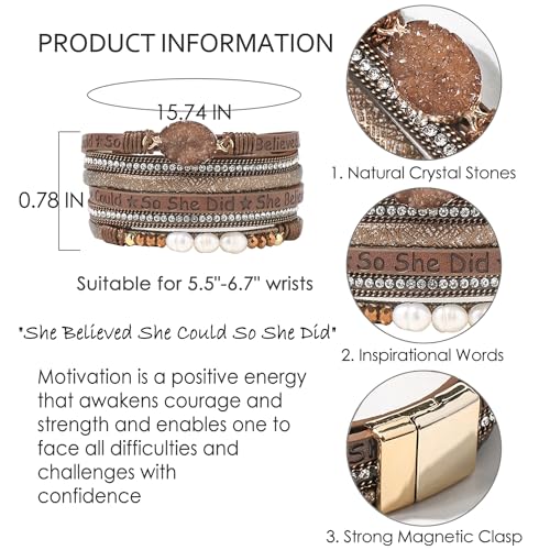 Artilady Leather Wrap Bracelets for Women - Pearl Bracelets Handmade Clasp Bangle Bracelet with Beads Jewelry Gift for Women and Mother - style: So She Did, Brown