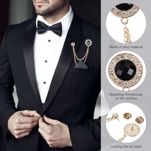 PATIKIL Gem Chain Brooch Pins, Hanging Chain Brooch Suit Pin Tassel Chain Round Crystal Badge Lapel Collar Pins for Men Shirts - color: Gold Tone(Black)