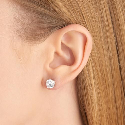 Amazon Essentials Plated Sterling Silver Cubic Zirconia Stud Earrings (Round & Princess) - color: White/Platinum, size: 7.5 mm, style: Round Cut
