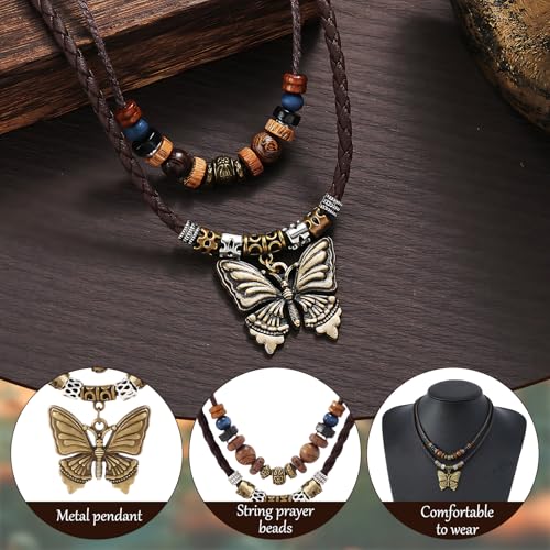 Boho Necklace for Women,Vintage Butterfly Pendant Necklaces,Adjustable Wooden Beads Layered Braided Choker,Fashion Tribal Style Leather Rope Necklace Jewelry,Chunky Statement Gift for Women - color: Brown