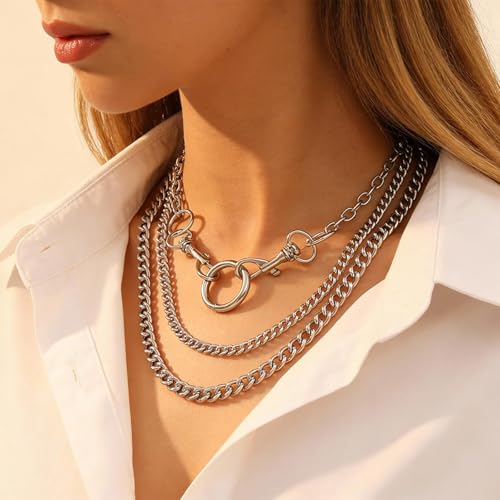 Long tiantian Chunky Gold Necklace Stack Chain Necklaces for Women Statement Layered Paperclip Choker Necklaces Statement Necklace for 80s 90s & Night Out Outfits Paperclip Style Fashion Jewelry - color: A7：Style H-Circle Layered Necklace