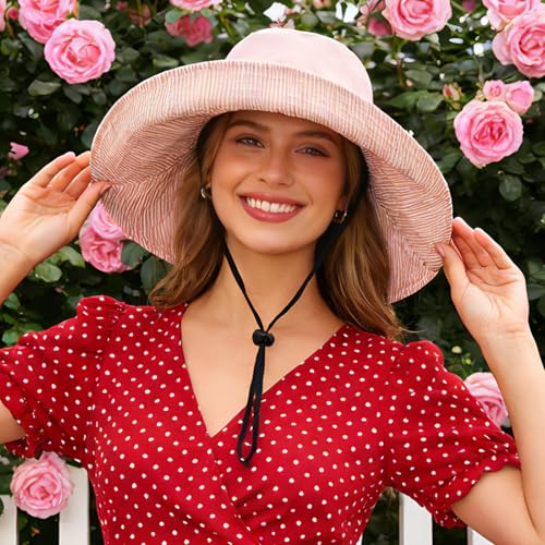 Sun Hats for Women Wide Brim Foldable Beach Hat UV UPF50+ Summer Sun Protection Bucket Hat for Outdoor, Gardening, Travel - color: Pink