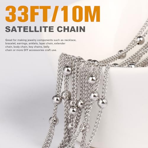 33 Feet Stainless Steel Satellite Chains Roll, 2mm 304 Stainless Steel Ball Beaded Flat Twisted Links Curb Chains Spool Bulk for Jewelry Making DIY Craft - color: Stainless Steel Big Beads Satellite Curb Chain
