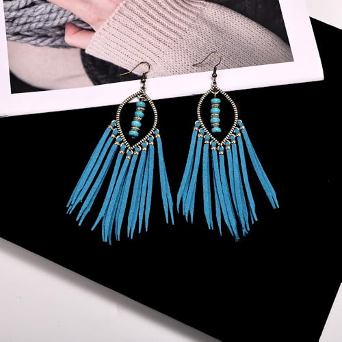 Long Bohemian Fringe Leather Earrrings Handmade Tassel Earrings with Turquoise Christmas Long Dangle Earrings for Women rodeo jewelry - color: 9
