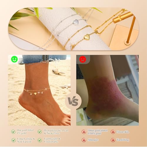 Kenivira Sterling Silver Ankle Bracelets for Women Dainty Non Tarnish Gold Layered CZ Heart Charm Anklets for Women Waterproof Adjustable Chain Anklet Cute Summer Beach Jewelry Gift - color: gold cz heart