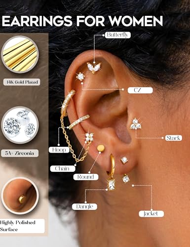 ORAZIO Small Hoop Stud Earrings Stacks for Women 14K Gold Plated Silver Huggie Hoops Cartilage Hypoallergenic Chain Cute Dangle Earrings Set for Multiple Piercings Jewelry - color: 14K Gold Plated Earrings