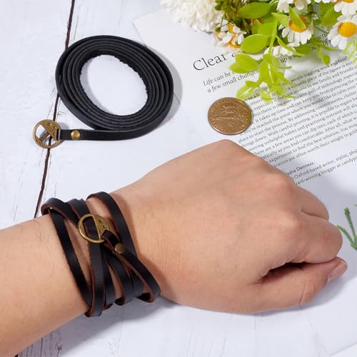 GORGECRAFT 2Pcs Cowhide Womens Black Leather Wrap Bracelet Stackable 5 Wrap Around Circle Genuine Leather Boho Vintage Punk 6mm Wristlet Cuff Long Strap Bracelets for Women Bracelet Handmade Jewelry